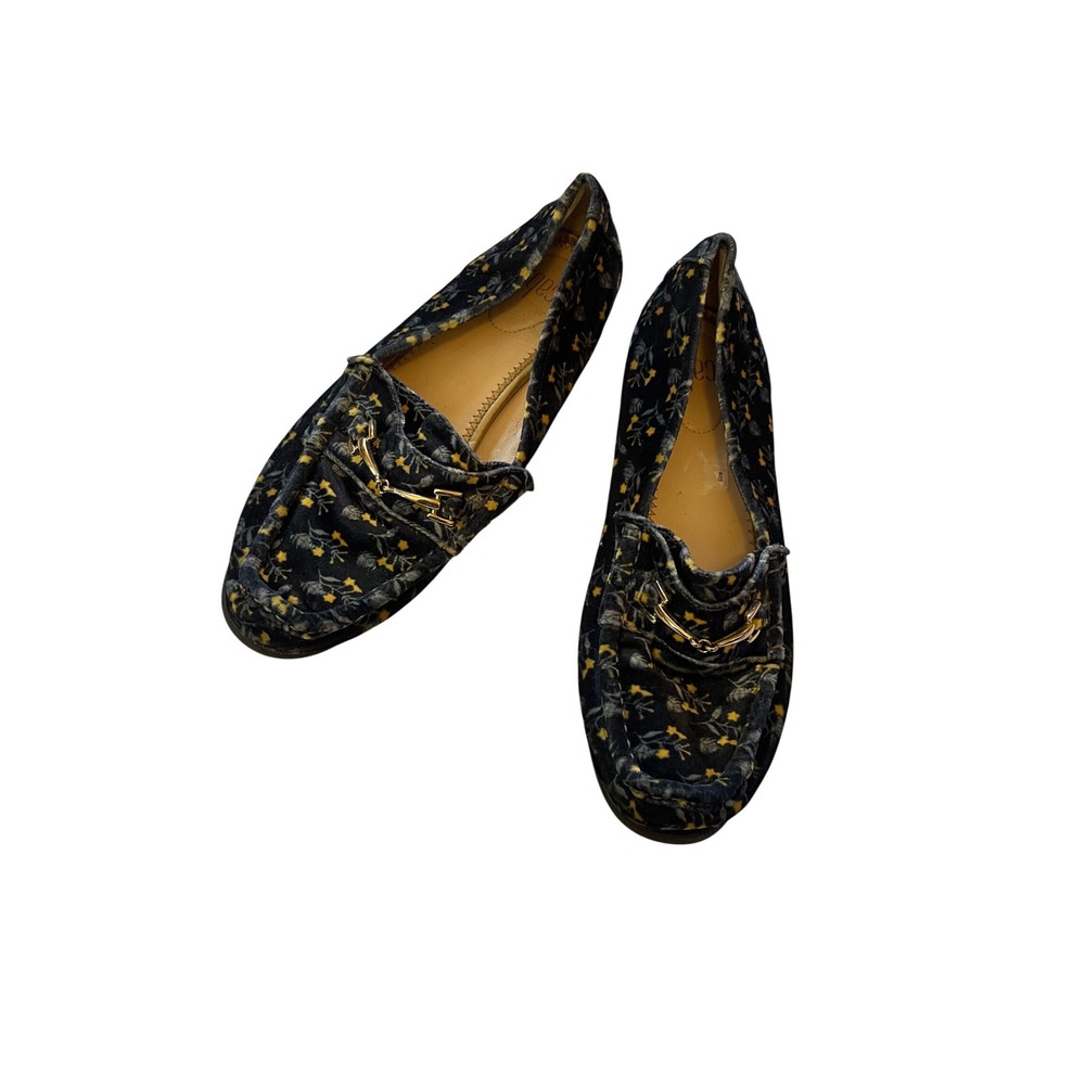 Cabi Women Navy Blue Floral Velvet Horsebit Loafers Gold Detail Size 7M